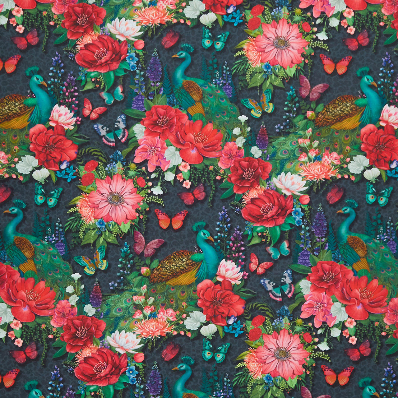 Wild Garden - Black Peacocks and Flowers Yardage