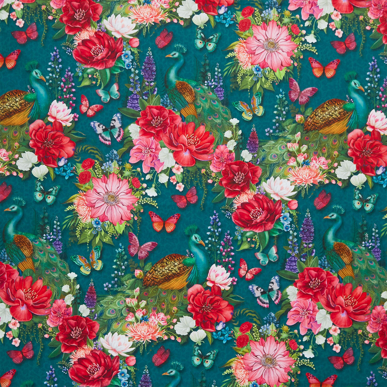 Wild Garden - Teal Peacocks & Flowers Yardage