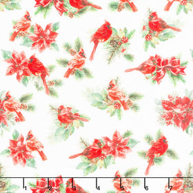 Feathered Festivities - Cardinals & Poinsettias White Yardage