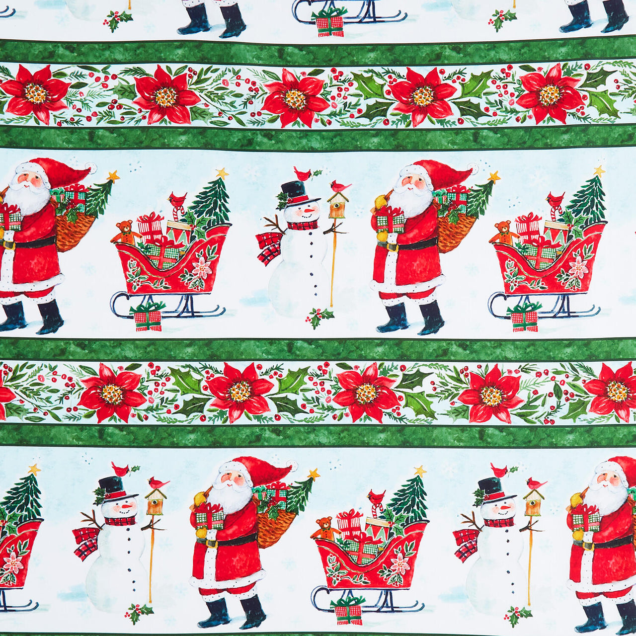 Snowy Greetings - Santa and Snowman Repeating Stripe Multi Yardage