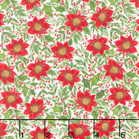 Snowy Greetings - Poinsettia and Holly White Yardage