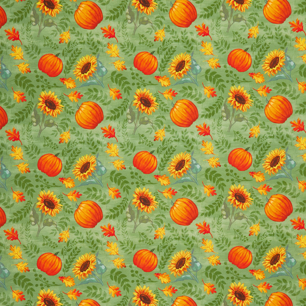 Harvest Delight - Sunflowers & Pumpkins Green Yardage