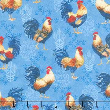 Rooster Reverie - Roosters Blue Yardage