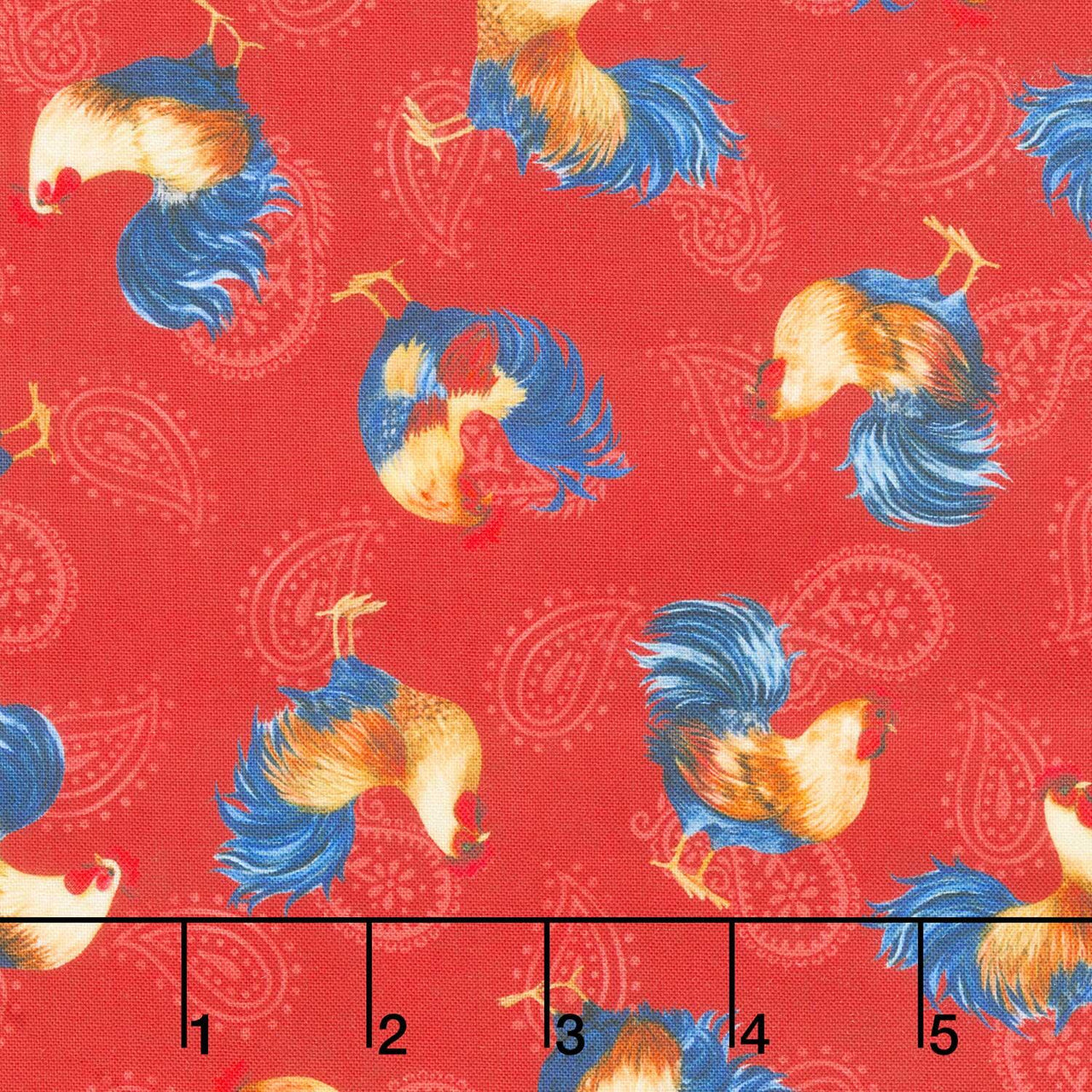Rooster Reverie - Tossed Roosters Red Yardage