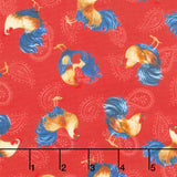 Rooster Reverie - Tossed Roosters Red Yardage