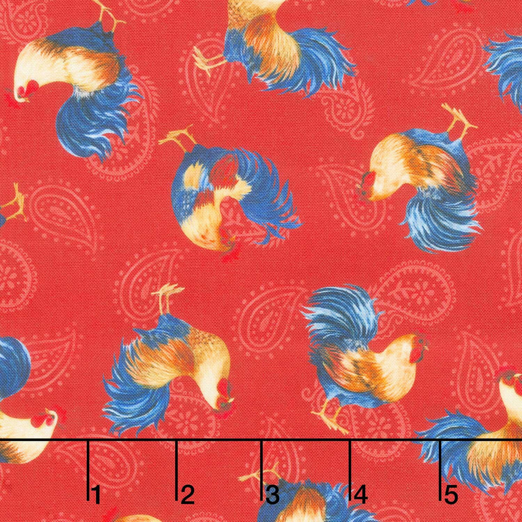 Rooster Reverie - Tossed Roosters Red Yardage