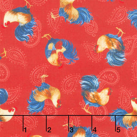 Rooster Reverie - Tossed Roosters Red Yardage