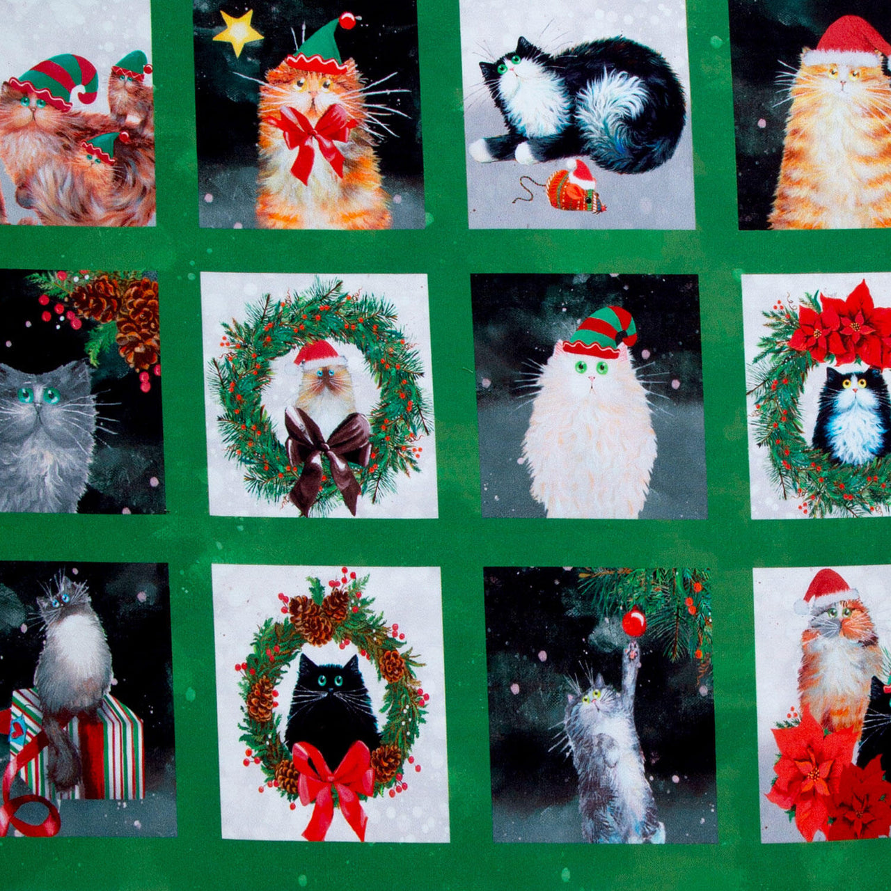 Meowy Christmas - Festive Felines Squares Pine Yardage