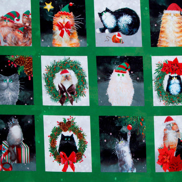 Meowy Christmas - Festive Felines Squares Pine Yardage