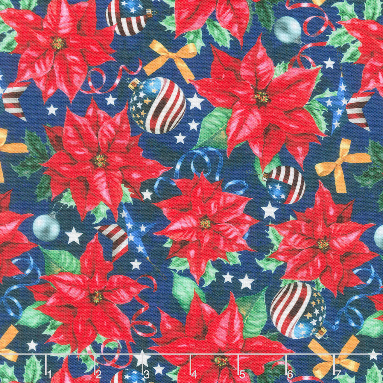 All American Christmas - Patriotic Poinsettia Blue Yardage