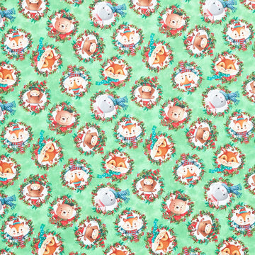 Snow Angels - Tossed Wreaths With Animals Green Yardage Primary Image