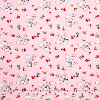 Pixie Noel - Pixie Snow Bunnies Pink Yardage