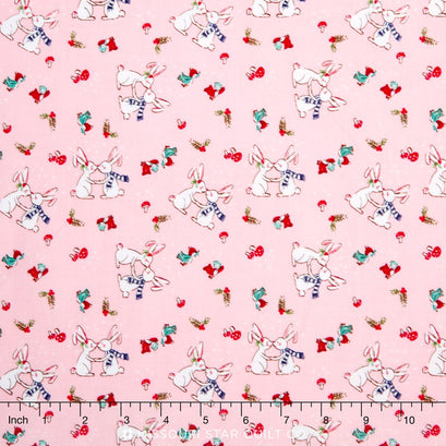 Pixie Noel - Pixie Snow Bunnies Pink Yardage