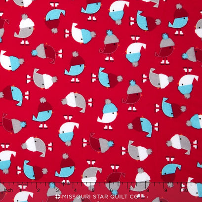 Jingle Flannel - Tossed Birds Crimson Flannel Yardage