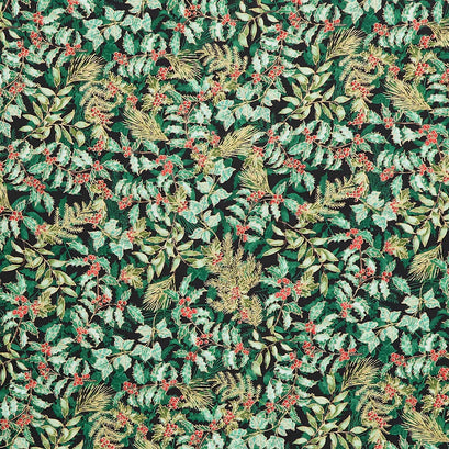 Christmas Musical - Holly and Berries Black Metallic Yardage