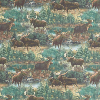 Naturescapes - Northwood Moose Scenic Green Multi Yardage