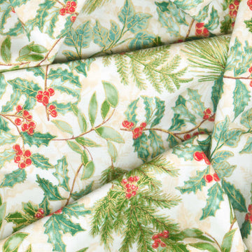 Christmas Musical - Holly and Berries Cream Metallic Yardage Alternative View #1