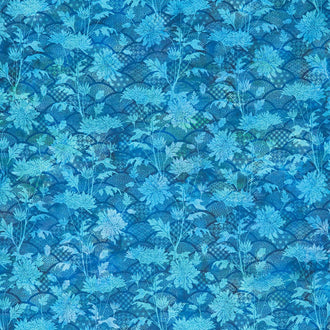 Oriental Gardens - Fan Floral Teal Digitally Printed Yardage