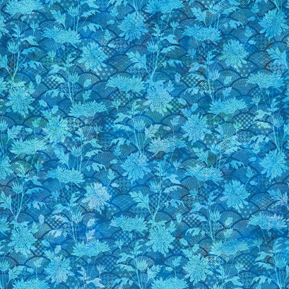 Oriental Gardens - Fan Floral Teal Digitally Printed Yardage