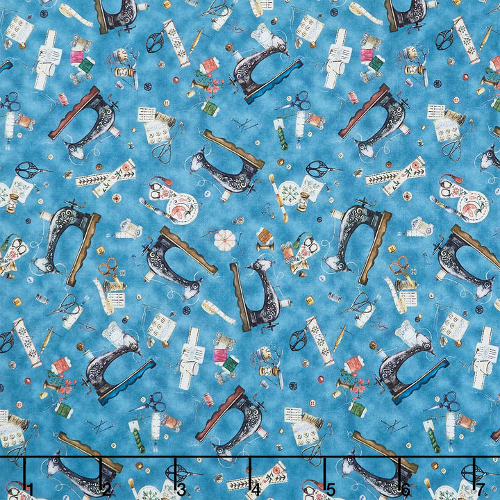 Make it Sew - Sewing Machines Dusty Blue Yardage