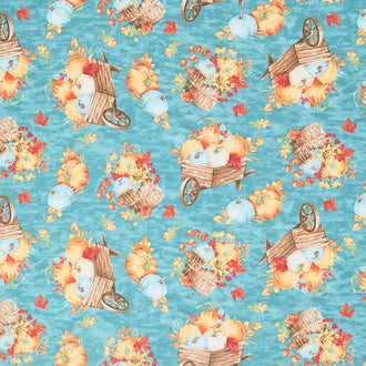 Autumn Blessings - Autumn Wheelbarrows & Cornucopias Teal Yardage