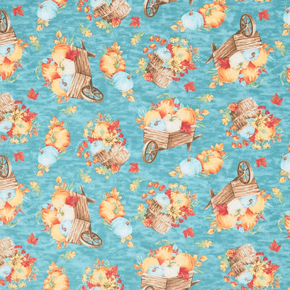 Autumn Blessings - Autumn Wheelbarrows & Cornucopias Teal Yardage