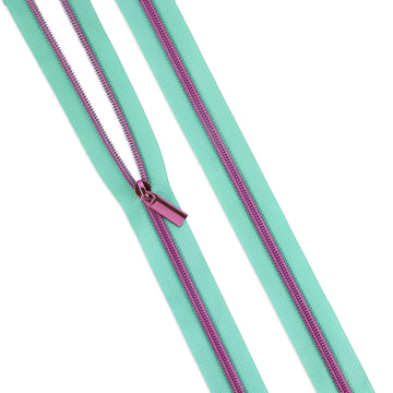 Sallie Tomato Tula Pink #5 Nylon Zipper Tape & Pulls - Mint with Pink Coil Primary Image