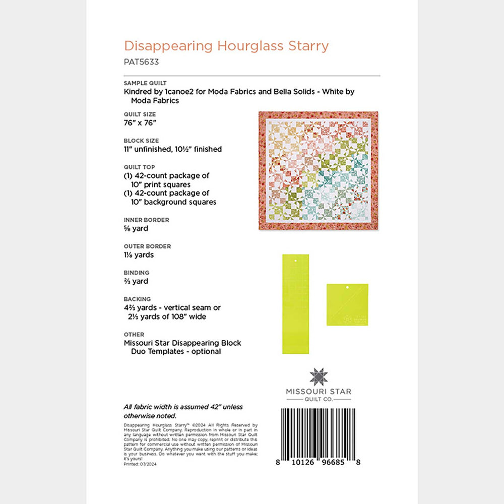 Digital Download - Disappearing Hourglass Starry Quilt Pattern by Miss