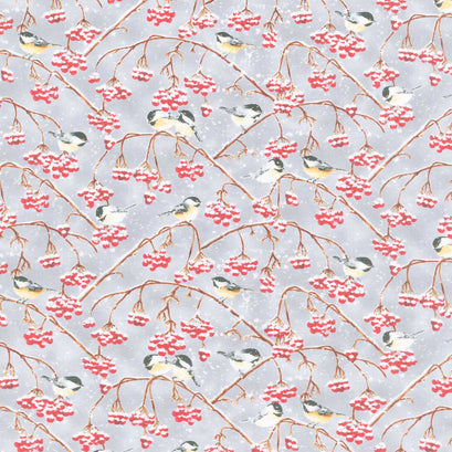 Snow Crew - Chickadees and Berries Gray Yardage