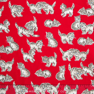 Whiskers & Tails - Vintage Kittens Red Yardage