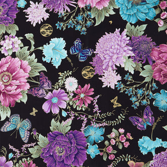 Shizuka - Asian Floral and Butterflies Black Metallic Yardage