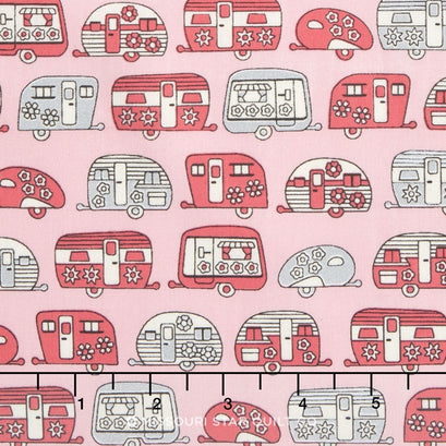 On the Road - Floral Campers Pink Metallic Yardage
