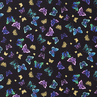 Luminous - Tossed Butterflies & Dots Black Metallic Yardage