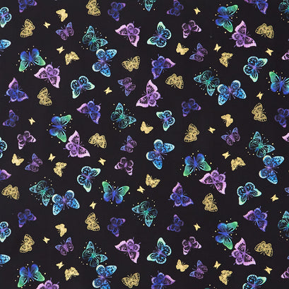 Luminous - Tossed Butterflies & Dots Black Metallic Yardage
