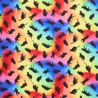 Cats - Tossed Black Cats Rainbow Yardage