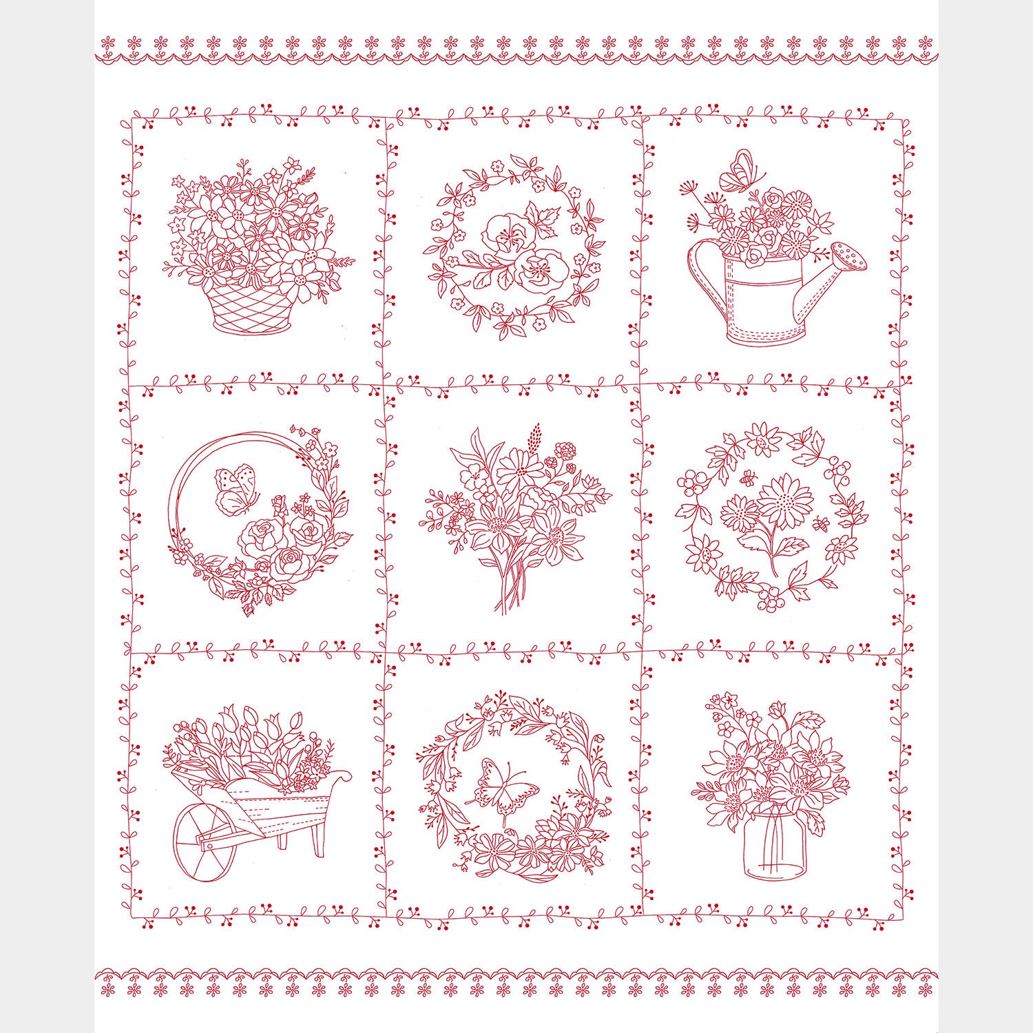 Garden Redwork - Redwork Floral White Panel
