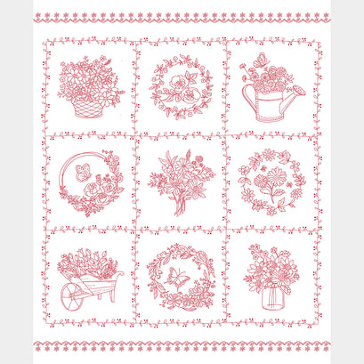 Garden Redwork - Redwork Floral White Panel