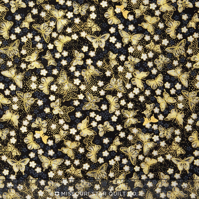Akiko - Neutral Butterfly Charcoal Metallic Yardage
