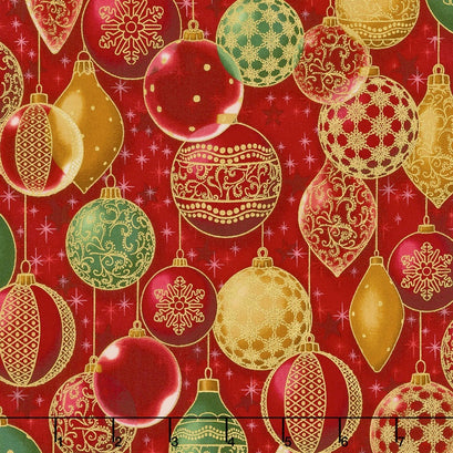 Winter's Grandeur - Holiday Gilded Ornaments Red Metallic Yardage