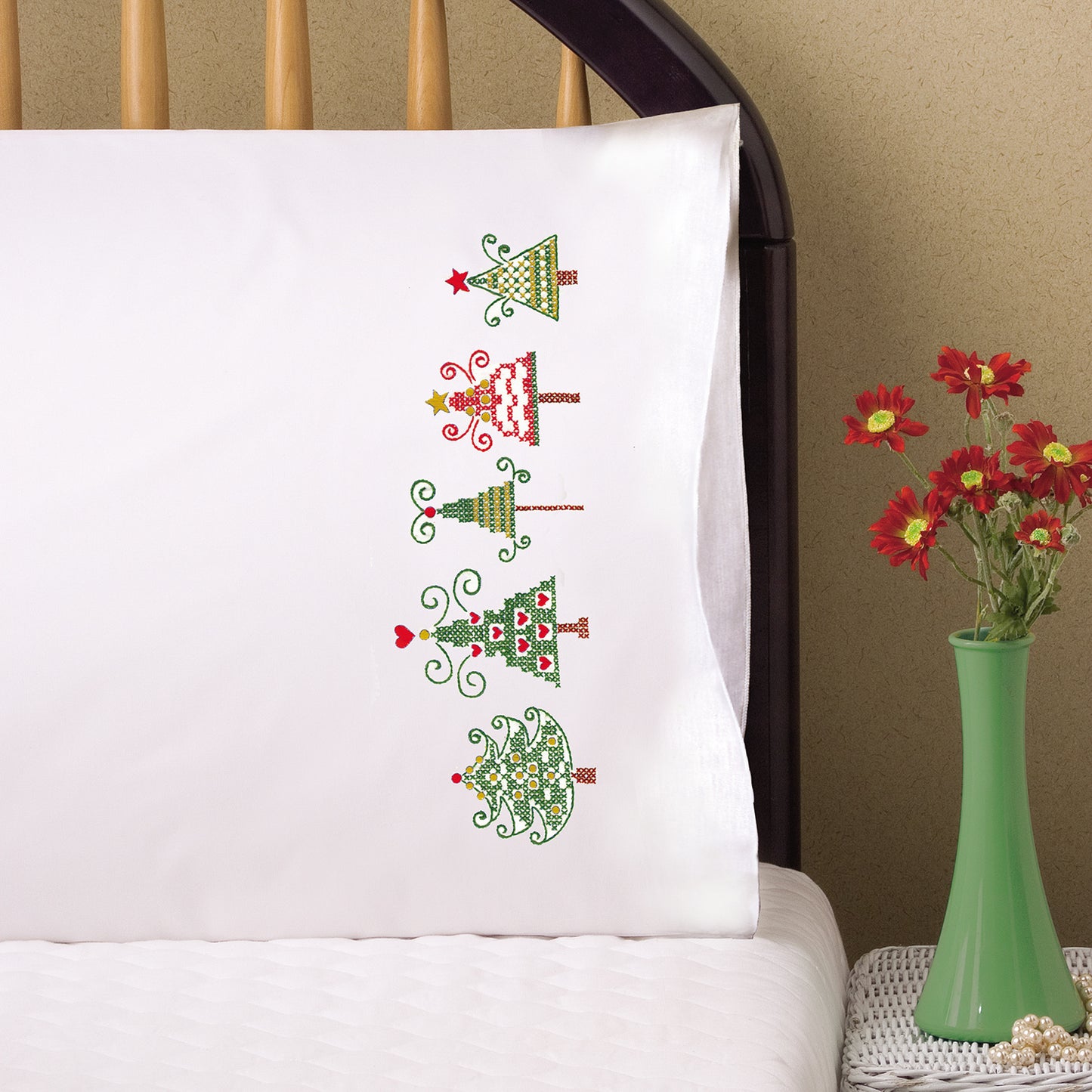 Christmas Trees Embroidery Pillowcase Set Primary Image