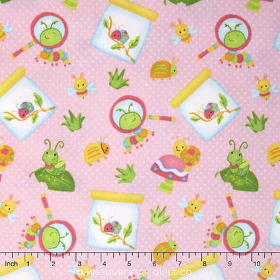 Cuddle Bugs - Tossed Bugs Pink Flannel Yardage