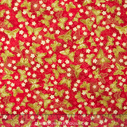Akiko - Neutral Butterfly Crimson Metallic Yardage
