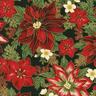 Holiday Flourish 11 - Holiday Poinsettias Black Metallic Yardage