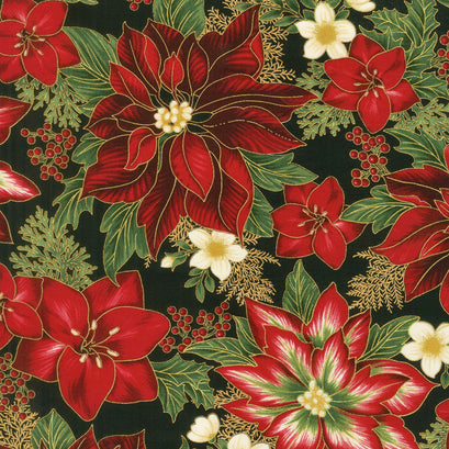 Holiday Flourish 11 - Holiday Poinsettias Black Metallic Yardage