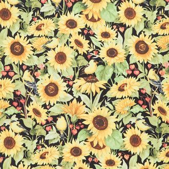 Sunflower Splendor - Sunflowers and Bird Black Yardage