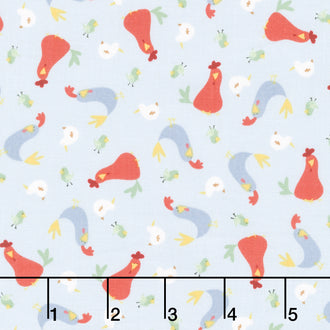 Farm-tastic Friends - Tossed Roosters Blue Yardage