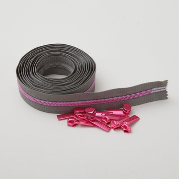 Sallie Tomato Tula Pink #5 Nylon Zipper Tape & Pulls - Grey with Pink Coil Alternative View #1