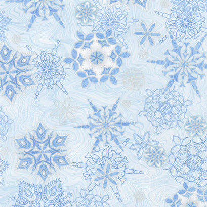 Holiday Flourish 11 - Peacock Snowflakes Blue Metallic Yardage