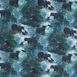 Moonlight Kisses - Bear Scenic Dark Blue Yardage