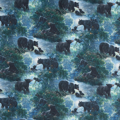 Moonlight Kisses - Bear Scenic Dark Blue Yardage